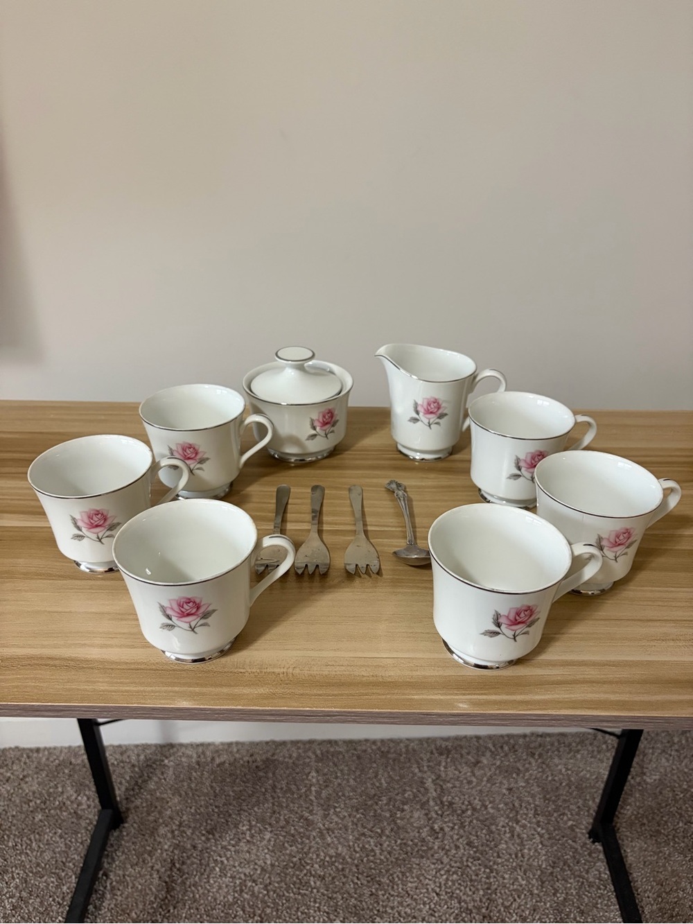 Vintage Eight Piece Tea Set with Silverware by Momoyama Fine China New Condition